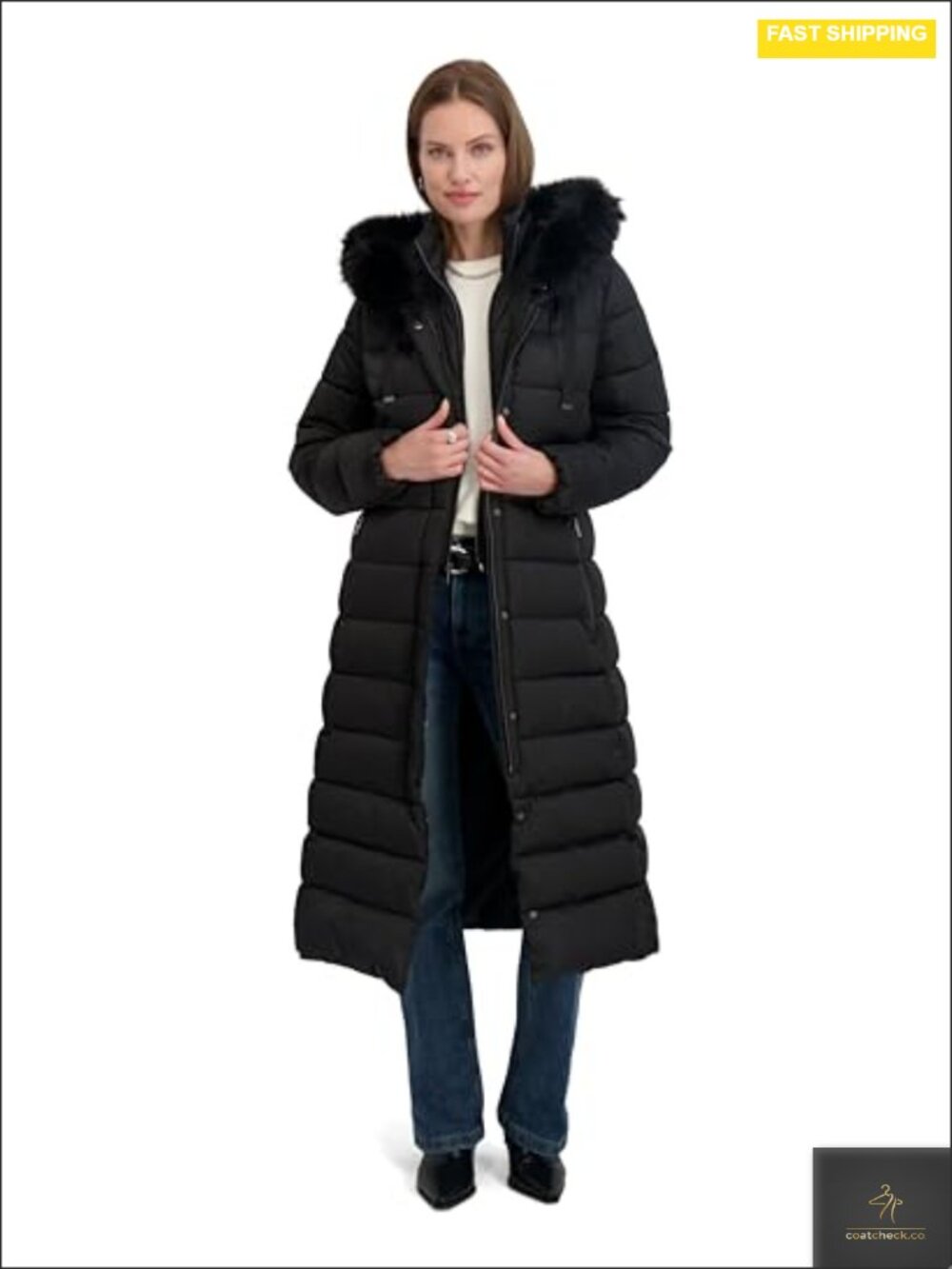 Tahari Women's Maxi Puffer Coat Faux Fur Hood Attached Bib Hand Warmer Pockets
